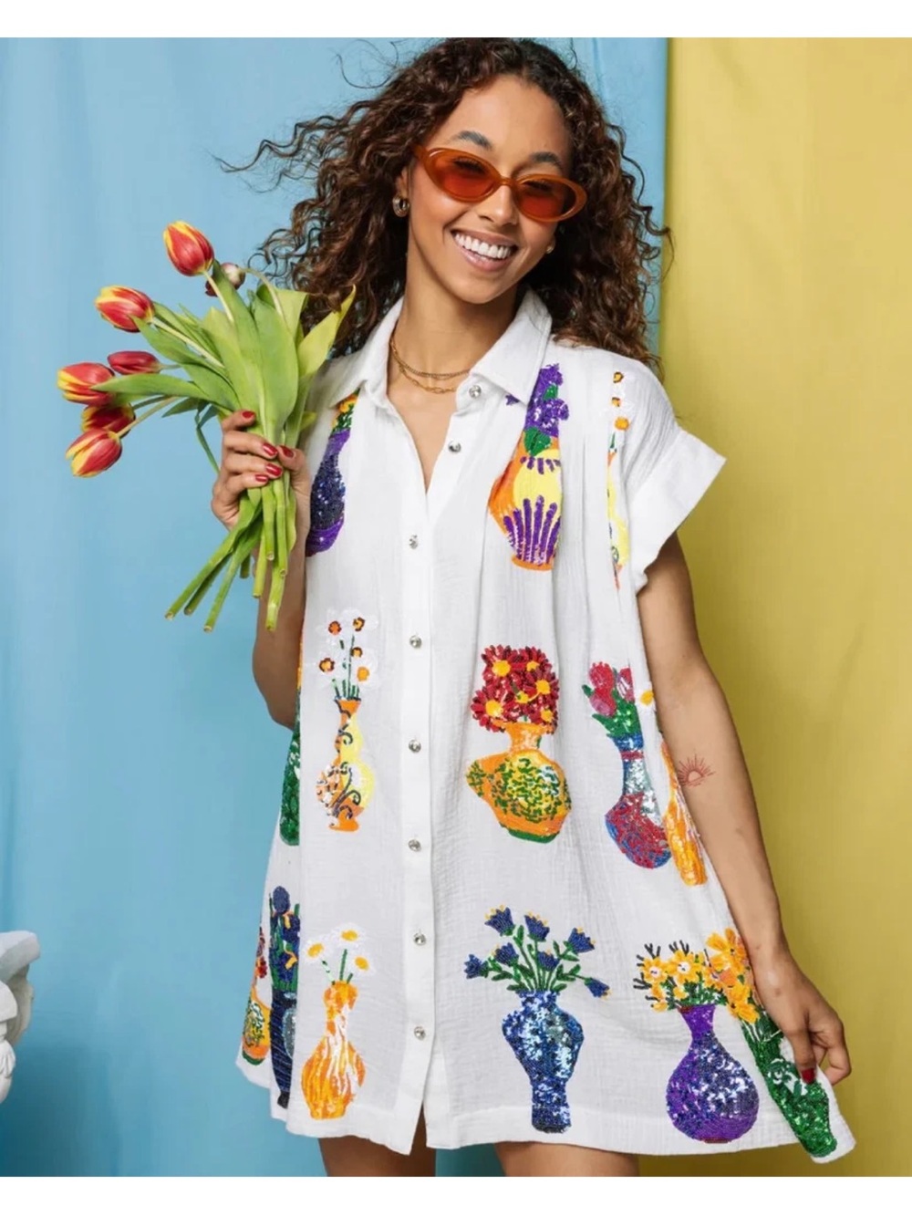 Queen of Sparkles White Button-Front Tunic Dress with Colorful Sequin Vases